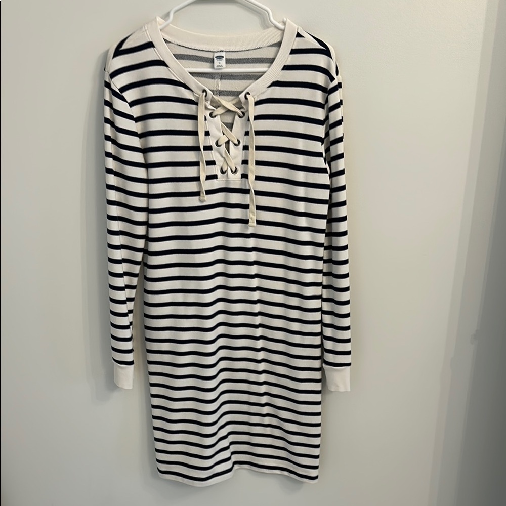 Navy and White Striped Lace-Up Sweatshirt Dress